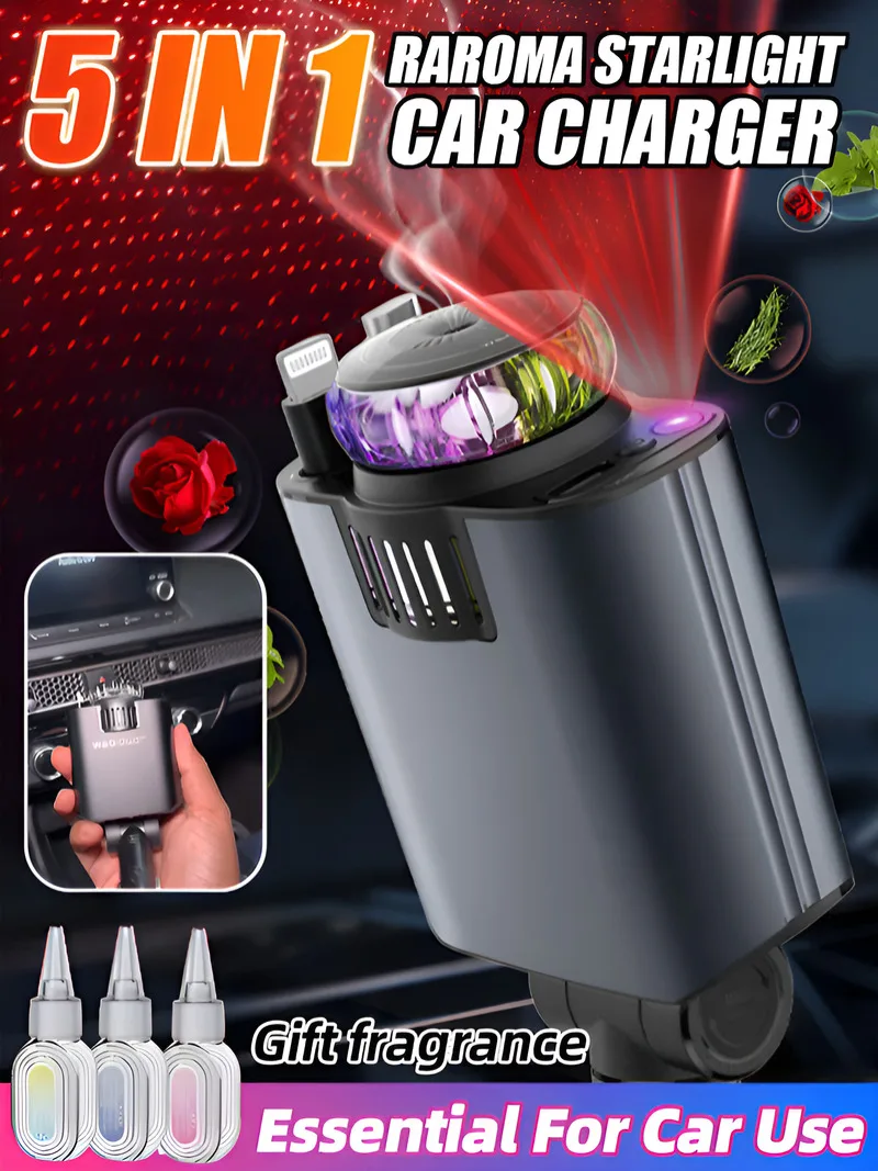 

Автомобильное зарядное устройство 45 Вт с многофункциональным кабелем USB-C и встроенным освежителем воздуха для использования в автомобиле, совместимое с различными устройствами