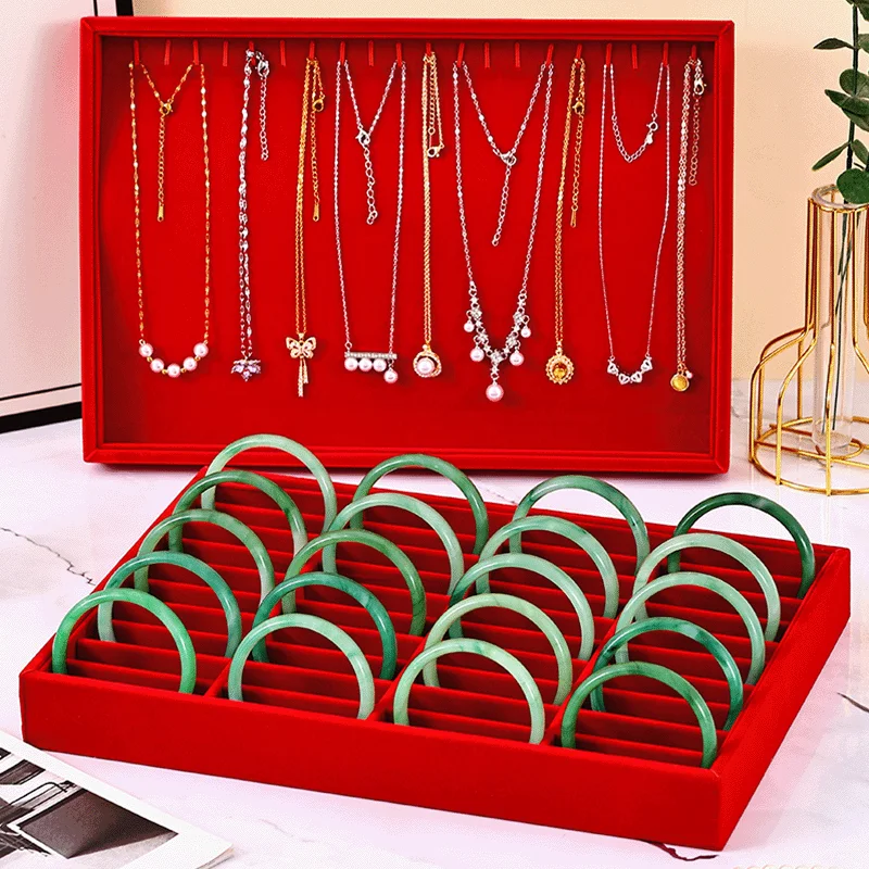 Red Velvet Multi-Hook Jewelry Tray, Large Capacity