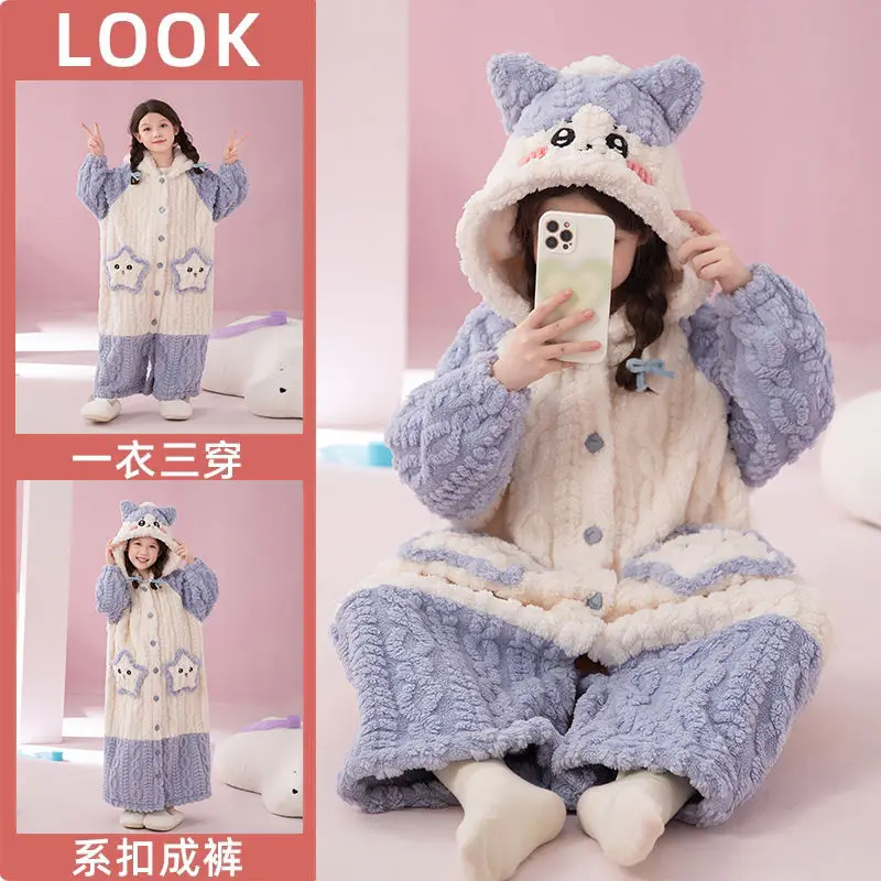 

Autumn Winter Anime Usagi Chiikawa Parent-Child Jumpsuit Pajamas Coral Fleece Nightwear Cartoon Kids Thicken Cute Homewear Gift