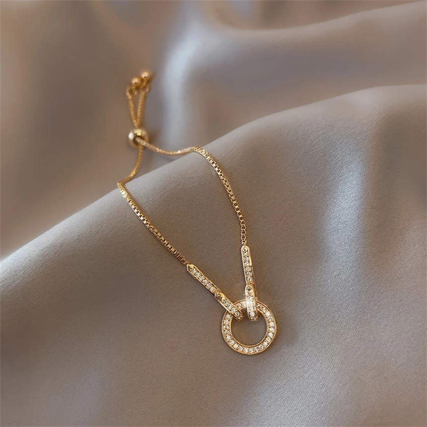 316L Stainless Steel Simple Zircon Circular Ring Adjustable Pull-Out Charm Chain Bracelet For Women Fashion Fine Jewelry Gift