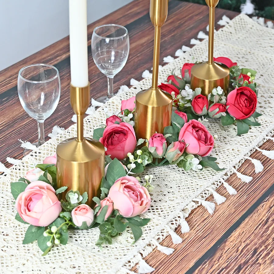 

Candle Ring Garland Artificial Rose Flowers For Column Cone Spring Home Party Christmas Decoration Valentine's Day Table Setting