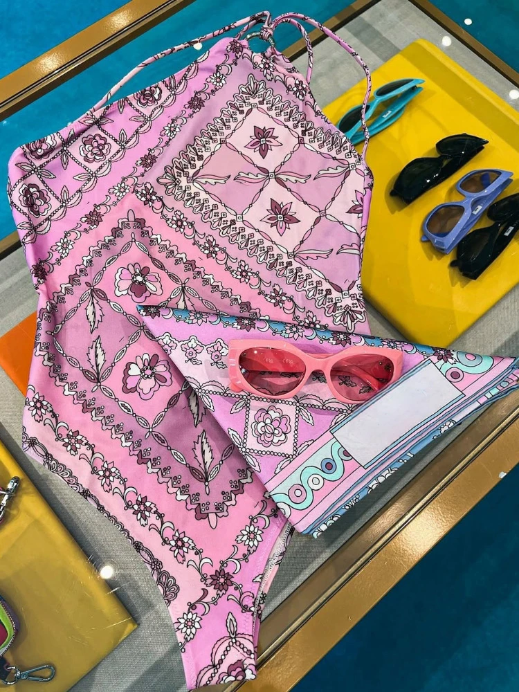 

Women's Pink Scarf Swimsuits with Letter Signature Logo Fashion Headband Swimsuits Beachwear
