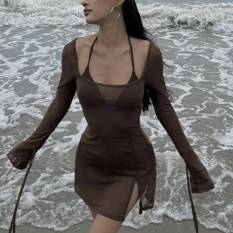 

Women's Sexy Coffee Brown 3 Piece Bikini, Korean INS Hottie Style Halter Tie Lace Up,Classic Long Sleeve Cover Up Beach Swimwear