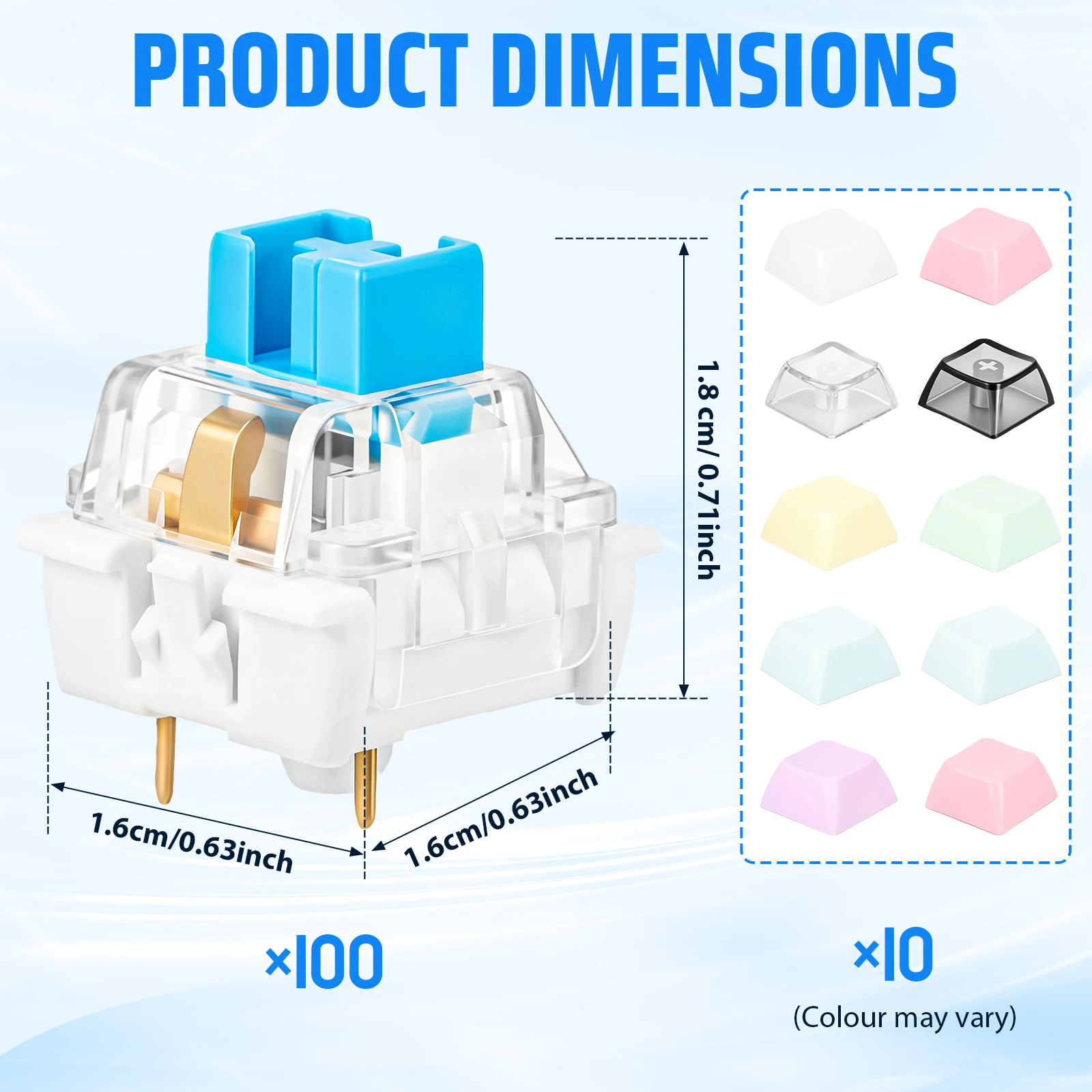 100PCS Blue Mechanical Keyboard Switches 3 Pin MX Clicky Replacement 10 Macaron Keycaps DIY Keyboard 3D Printed Clickers