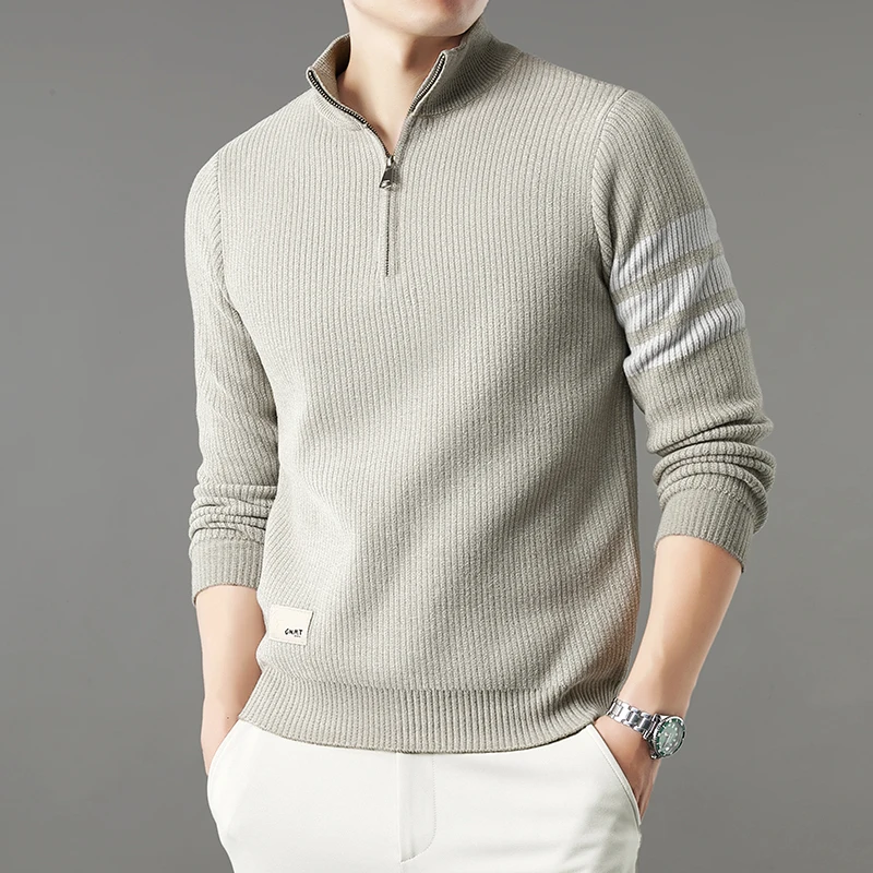 เสื้อสเวตเตอร์ถักคุณภาพสูงแบบใหม่ ซิปครึ่งตัว สำหรับผู้ชาย ฤดูใบไม้ร่วงและฤดูหนาว แขนยาว เสื้อสเวตเตอร์ถัก เสื้อสเวตเตอร์พื้นฐาน