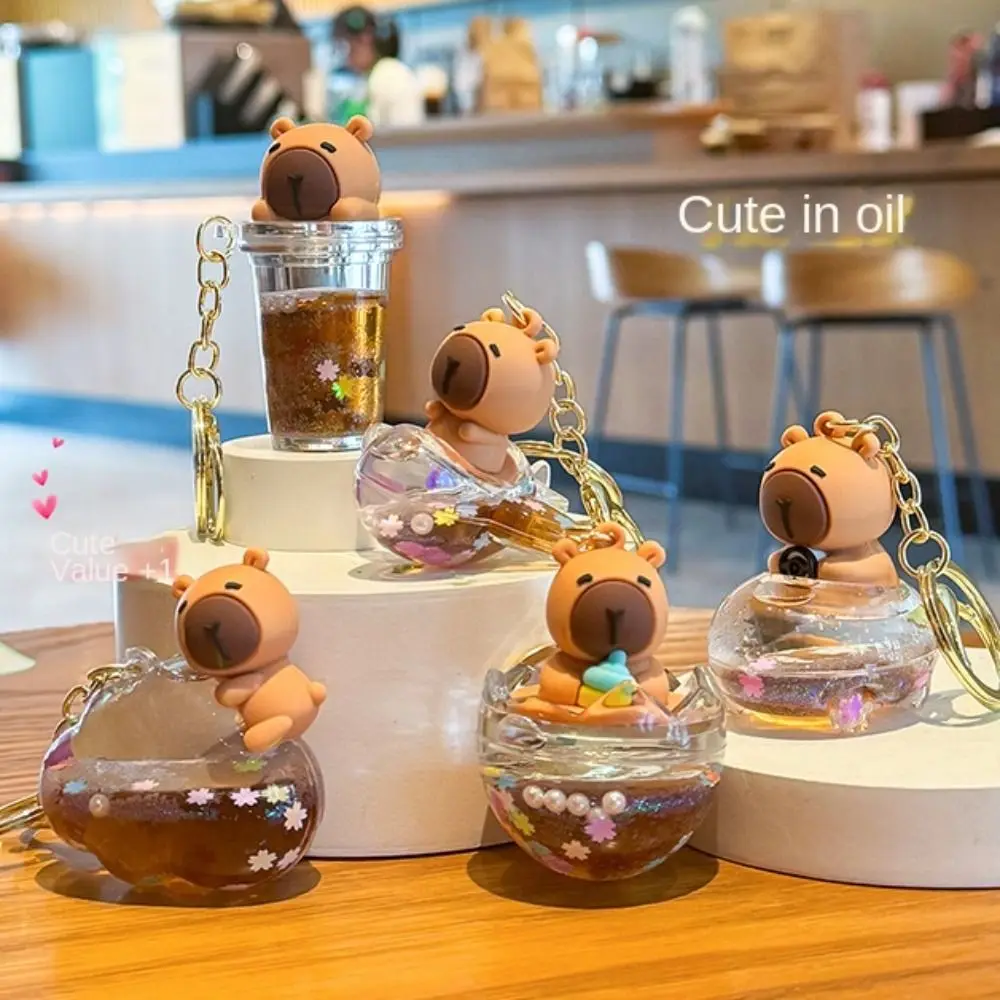 Flowing Sand Bottle Capybara Key Ring Bobblehead Oil Capybara Guinea Pig Keychain Funny Cartoon Capybara Backpack Pendant Kids