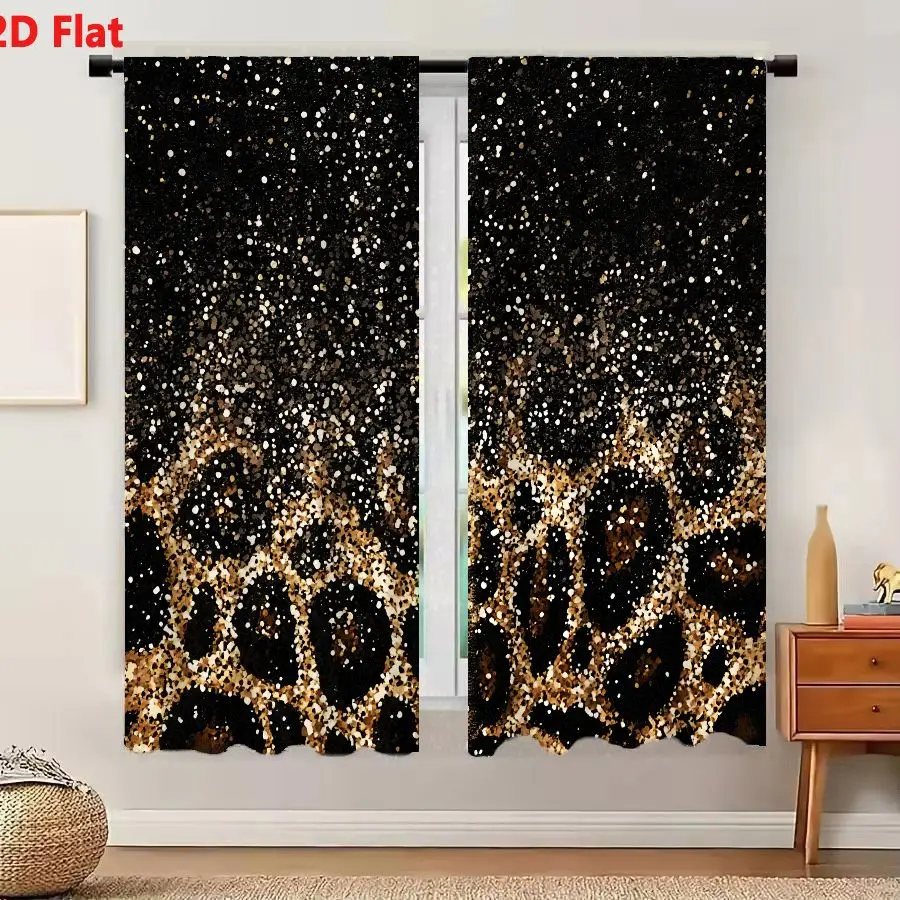 2Pcs Curtains Add 2D Flat Textured Glitter Leopard Print Gradient Background With Shimmering Gold And Black Specks On Dark Cosmi