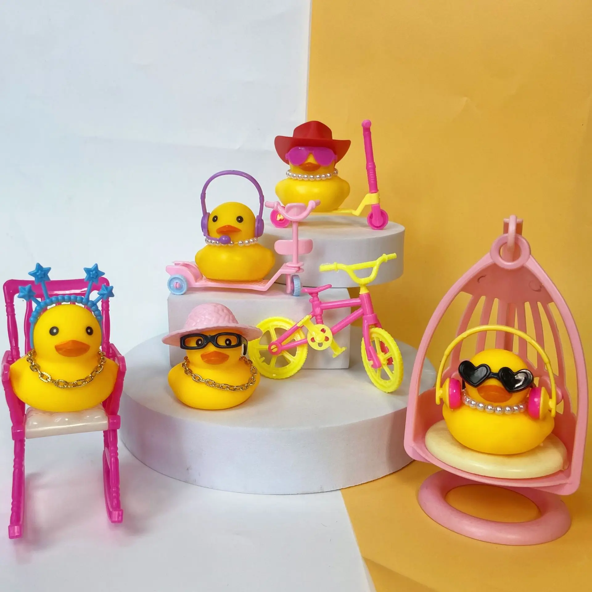 5Pcs Cute Mini Yellow Duck Accessories Kids Play House Toy Accessories Cartoon Rocking Chair Scooter Folding Chair Swimming Ring