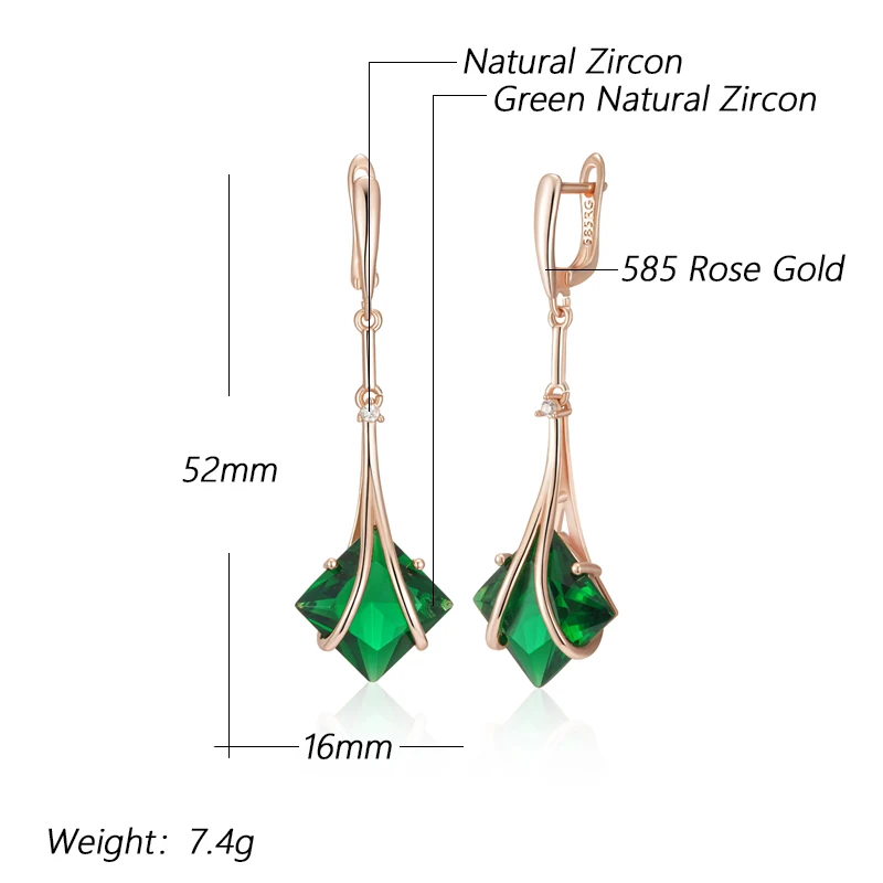 Square Cut Green Zircon Long Dangle Earrings for Women 585 Golden Fashion Vintage Jewelry Personality Party Daily Accessories