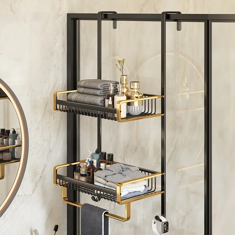 

No-Drill Aluminum Alloy Bathroom Organizer-Wall-Mounted Shower Caddy with Towel Holder & Corner Shelf, Space-Saving Storage Rack