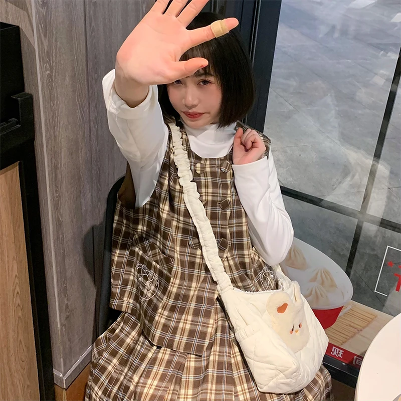 

Оригинальный комплект из жилета и юбки в клетку с вышивкой, юбка А-силуэта с высокой талией, облегающий, школьный стиль, комплект из двух предметов для молодых женщин