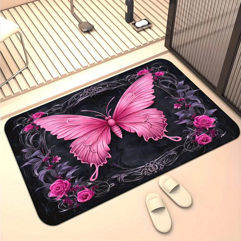 1pc, 2D Flat Pink Butterfly Roses Gothic Frame Flannel Door Mat Non Slip Fantasy Nature Rug For Entryway Bedroom Floor Decor