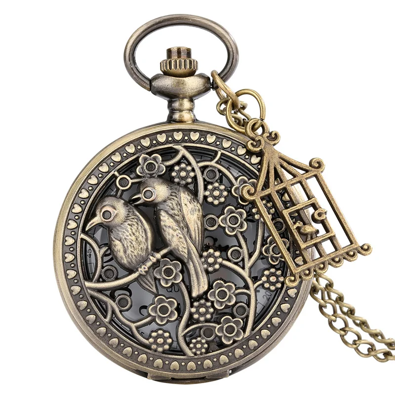 Vintage Bronze Hollow Out Birds Flower Case Men Women Analog Quartz Pocket Watch with Birdcage Charm Necklace Chain Gift