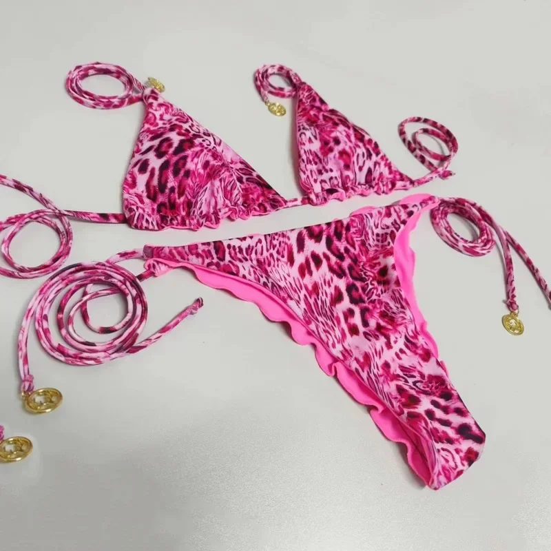 

Women's Halter Top Two Piece Swimsuit Tie Side Triangle Bikini Set Pink Leopard Print Triangle Swimwear Beachwear Bathing Suits