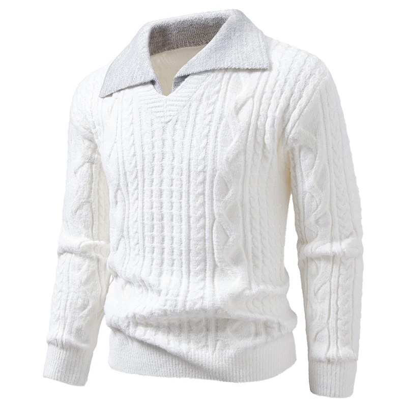 Autumn Men's Pullover Fake Two-Piece Sweater Lapel Fried Dough Twist Knit Turn-Down Collar Male Knit Top