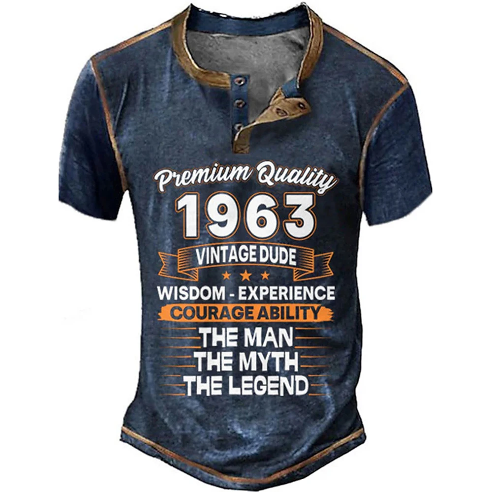 Vintage Buchstaben 3D-Druck Henley-Shirts Herren Lässige Mode Streetwear Übergroße Kurzarm T-Shirts Männer Oberteile Kleidung