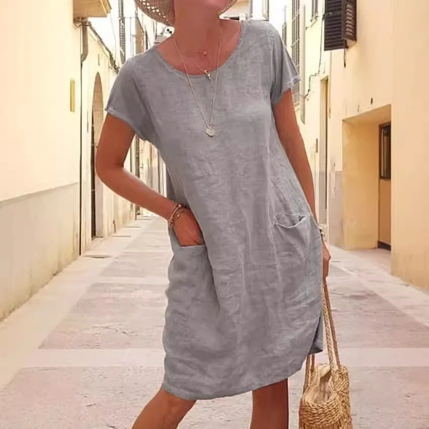 Abiti casual da donna eleganti 2025 Estate allentato tasca solida manica corta O collo abito in lino di cotone Lady Robe Vestidos Mujer