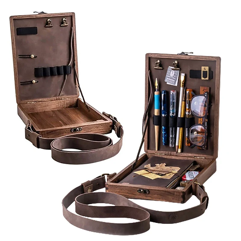 Portable Writers Messenger Wood Box Multi-Function Artist Tool and Brush Storage Box Retro Wooden Handmade Crossbody Postman Bag