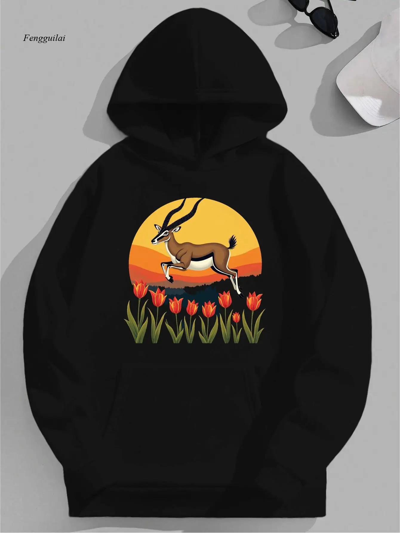 Moletom cinza com estampa de gazela saltando e tulipas vermelhas – bolso no peito com script tipo árabe, pulôver quente de inverno solto e ajuste