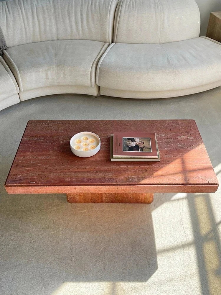 

Wabi Sabi Wind Natural Red Travertine New Reception Negotiation Tea, Floor-to-Floor Square Table Tea Table Customization