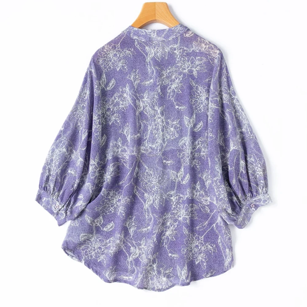 2026 Women's Casual Summer New Denim Texture 100% Natural Mulberry Silk Crepe De Chine Stand Collar Batwing Lantern Sleeve Shirt