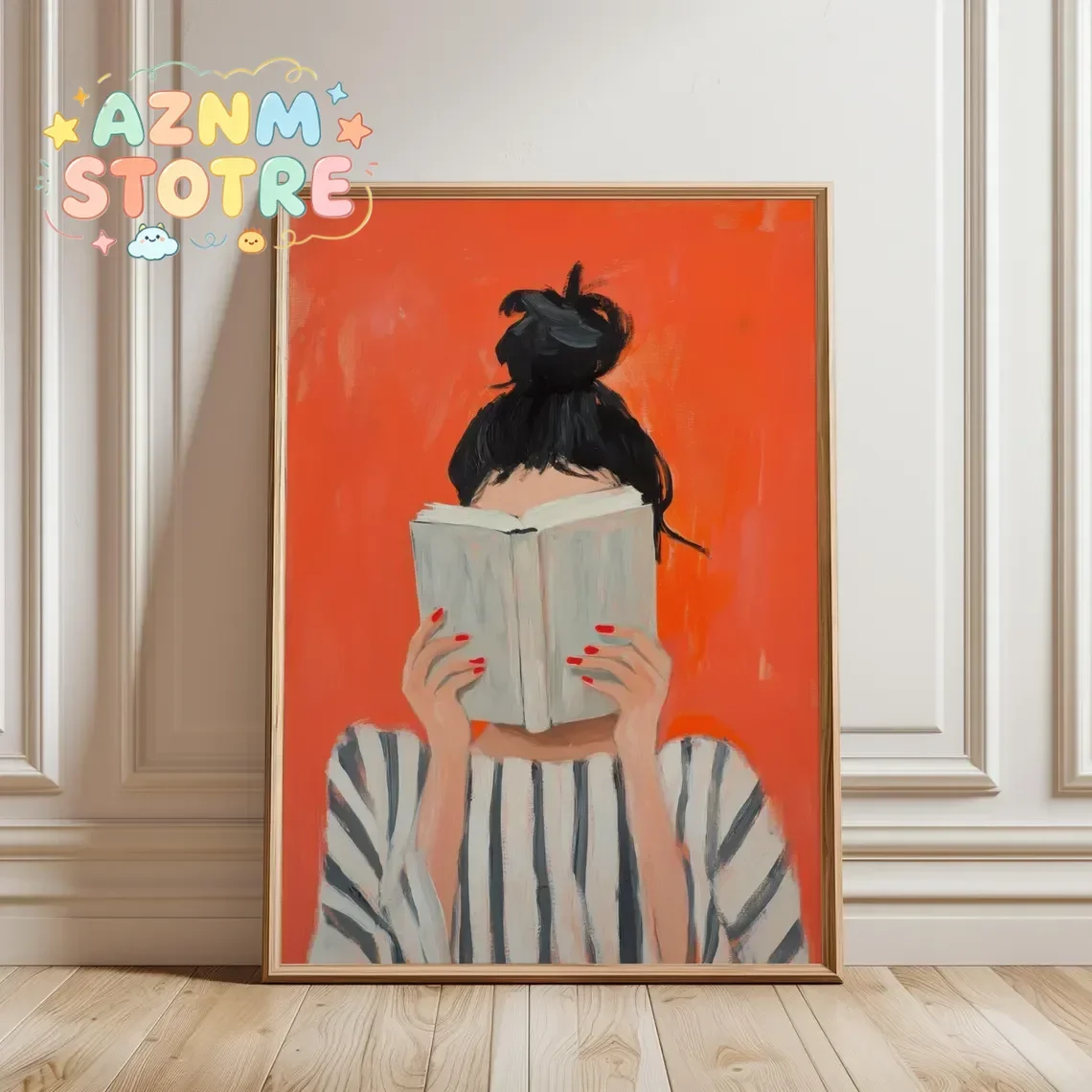 reading woman art print | book poster | feminine cozy wall art | bold orange art print | abstract contemporary portrait art |