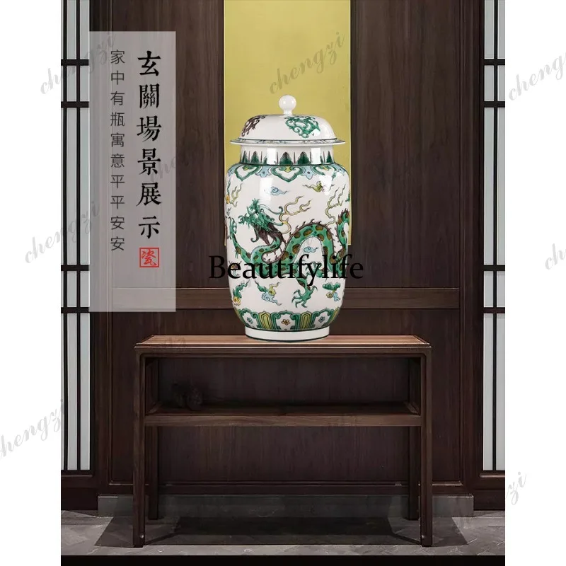 Jingdezhen ceramic antique hand-painted dragon pattern general jar vase living room Chinese storage tank decorative ornament