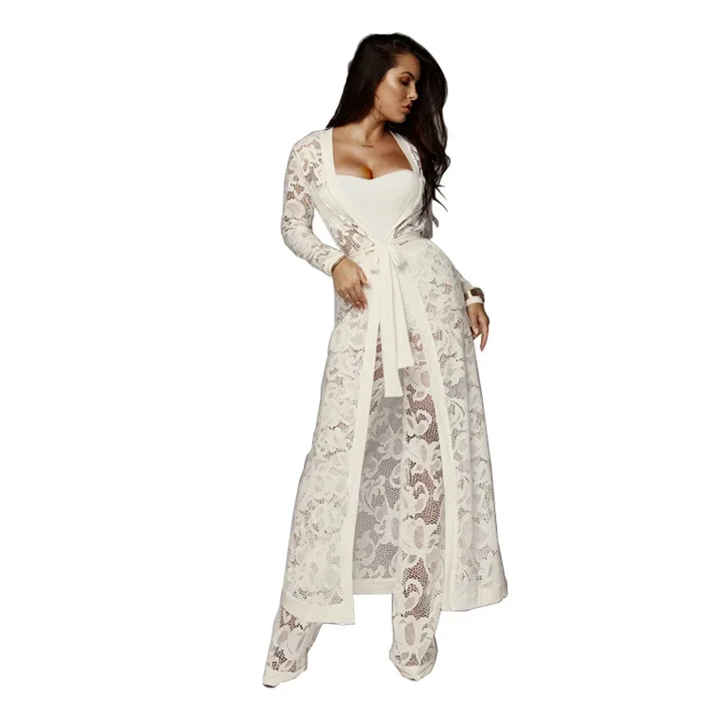 Women\'s Atmosphere Sexy Autumn Lace Wide Leg Pants Three-Piece Casual Suit Lace Sexy Pants Party Wear Africa Set Sleepwear