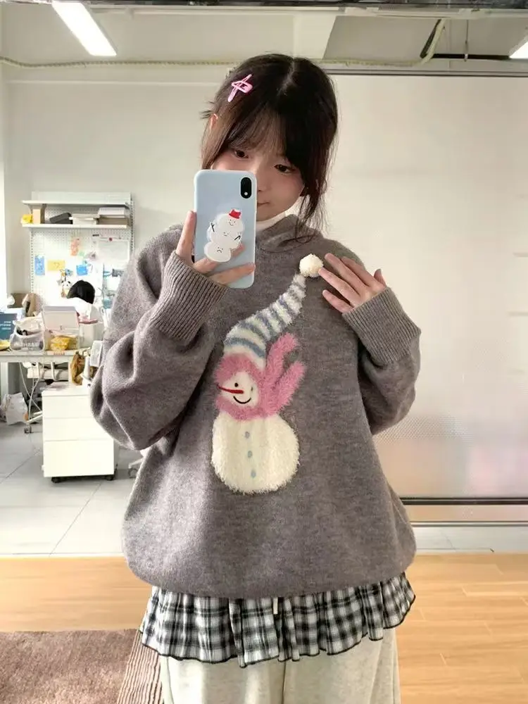 

Винтажные милые свитера со снеговиками и капюшоном, женский вязаный джемпер с ленивым ветром, повседневный свободный джемпер с длинными рукавами в консервативном стиле, женский пуловер Kawaii