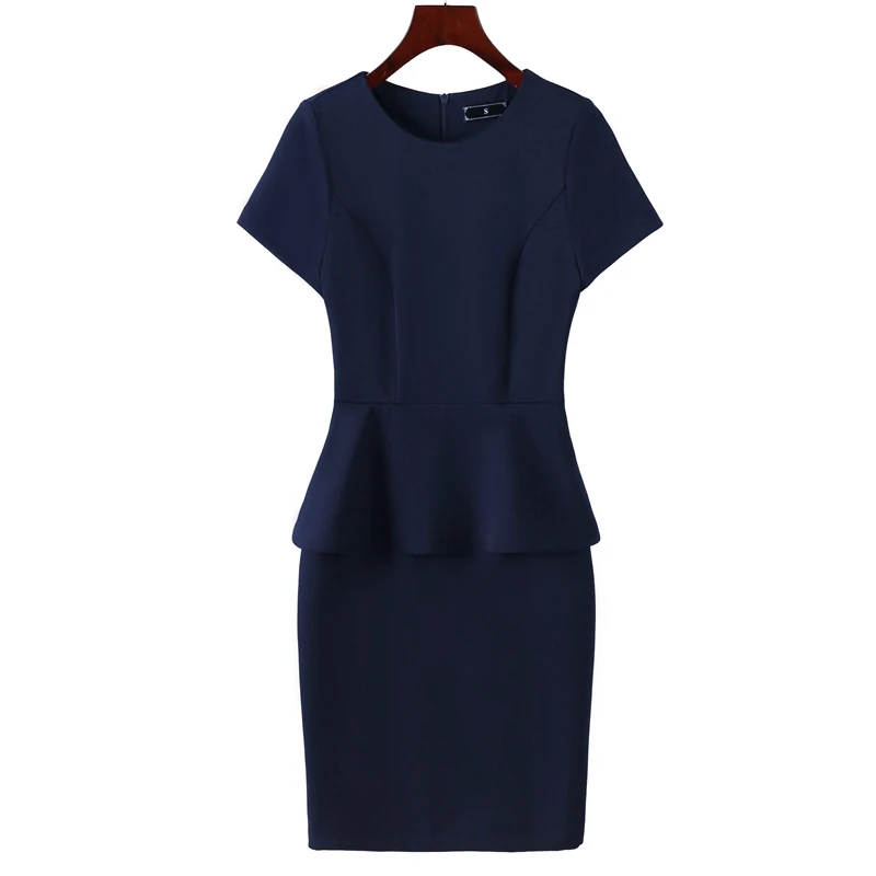 Quality Summer Korean Short Sleeve Office Pencil Skirt Women\'s Ruched Splicing Fake Two Piece Female Elegant navy blue Dresses