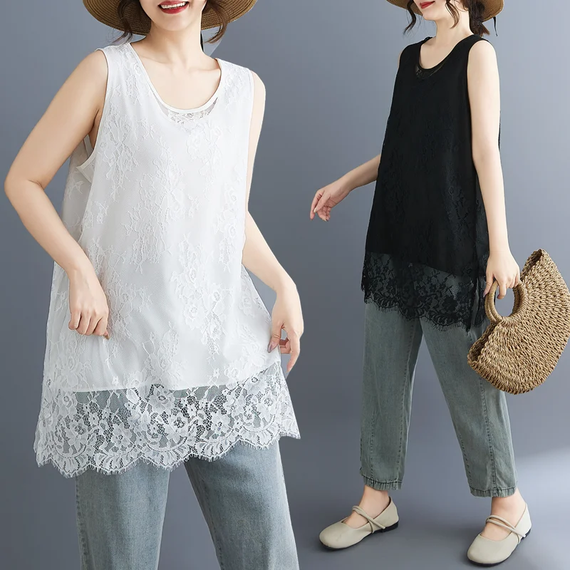 Damska kamizelka na ramiączkach z koronką, średniej długości, jednolita, w stylu koreańskim, letnia, nowa moda, duży rozmiar, prosty krój, poliester, bawełna...