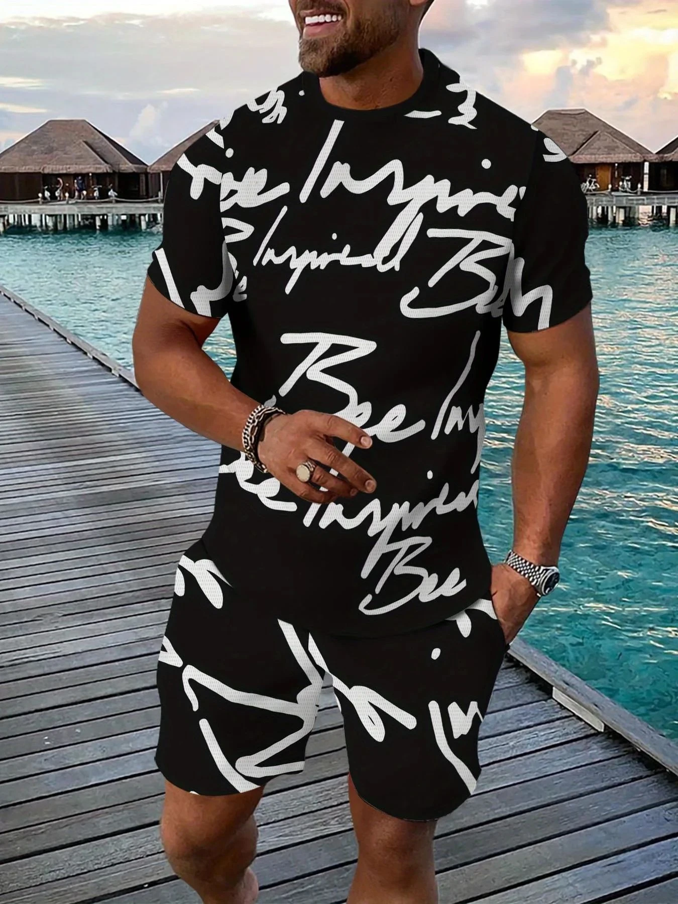 Men's new trendy 3D personalized graffiti short sleeved shorts set outdoor casual breathable two-piece set