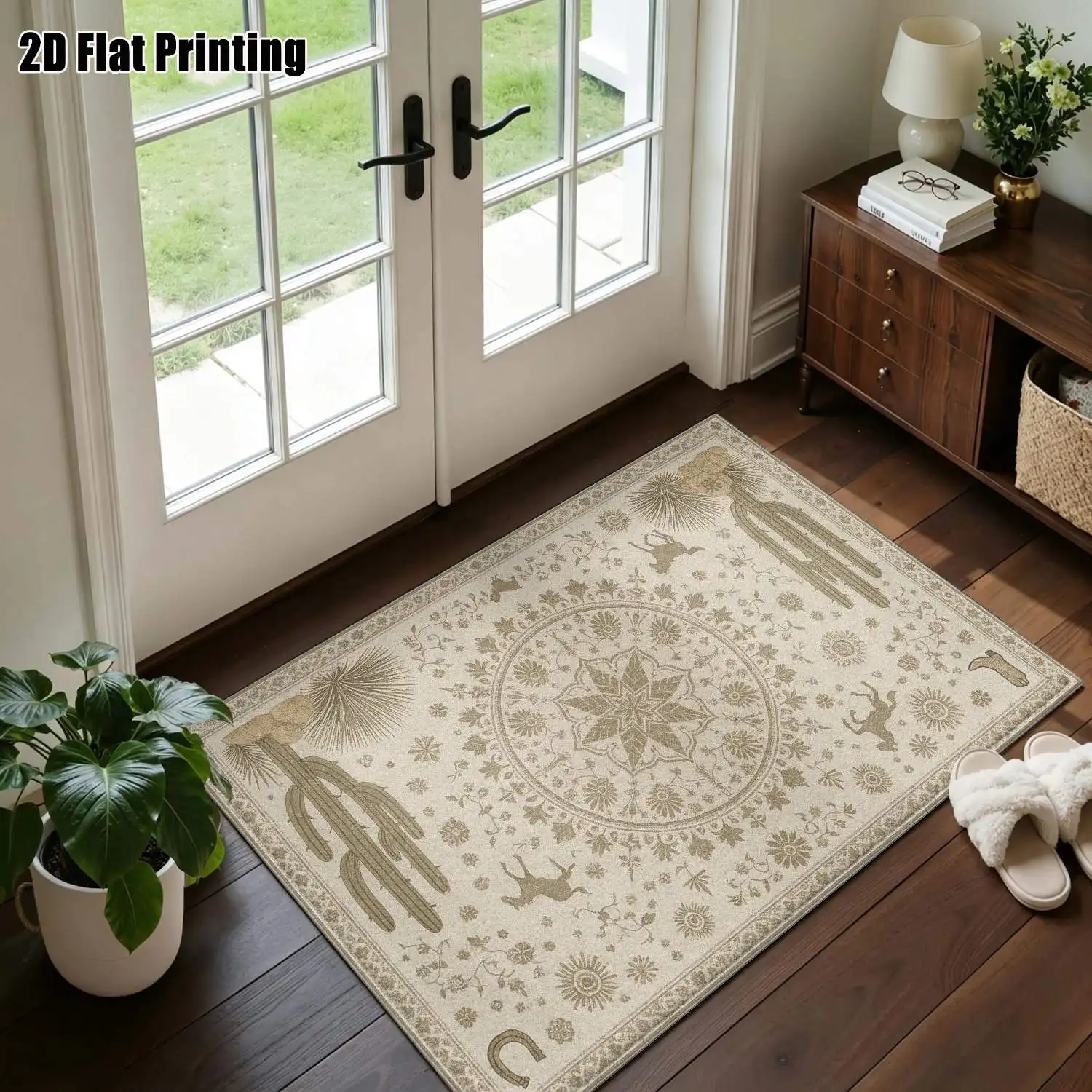 1Pc 2D Printed Beige Carpet: Cactus & Animal Patterns, Retro/Bohemian/Geometric/Floral Styles, Home Decor, Multi-Size, Machine Washable, for Entryway, Dining Room, Foyer, Bedroom, Living Room