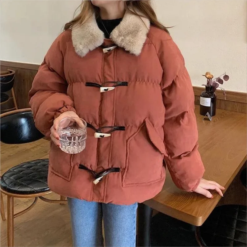 

New Fashion Horn Buckle Thickening Padded Parka Winter Loose Bread Clothes Women Jacket Down Cotton Coat