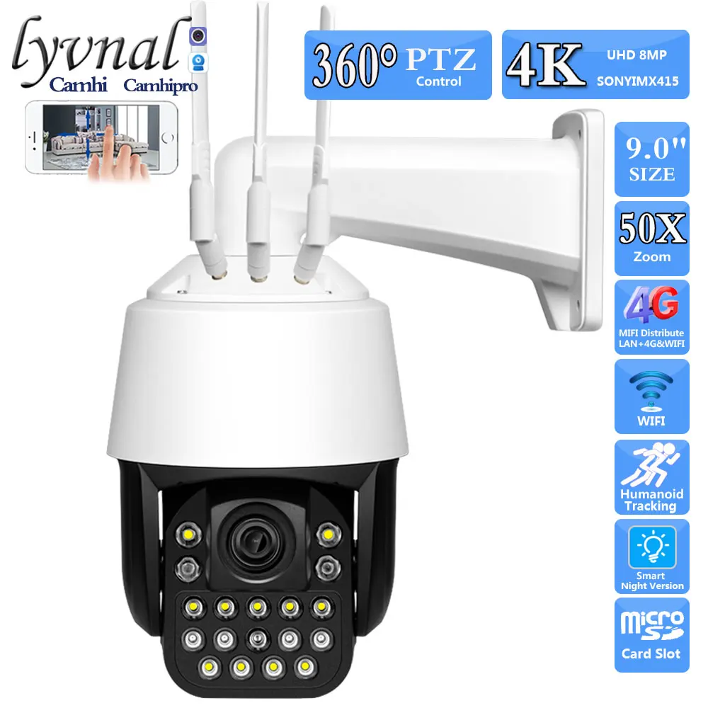 3G 4G SIM Card 4K 8MP Wireles IP Camera Wifi PTZ Dome 50X Zoom Human Tracking Laser IR 150M Two Way Audio Color Night Vision