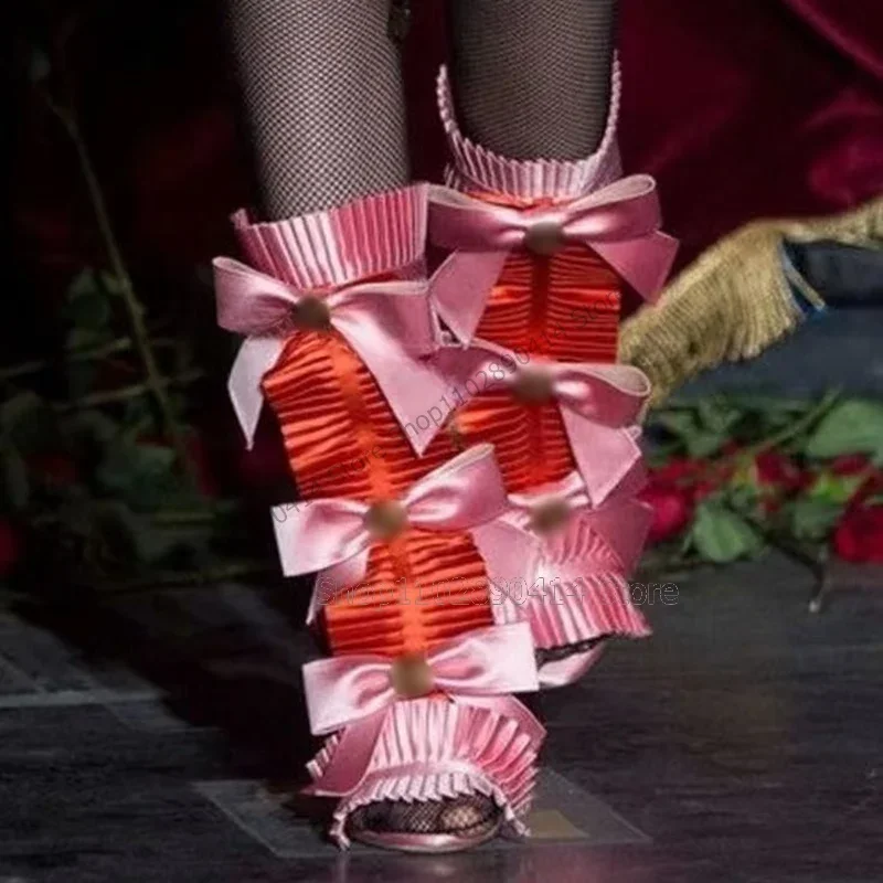 รองเท้าส้นสูงแบบเปิดนิ้วเท้า ดีไซน์จีบประดับโบว์หลากสี แฟชั่นใหม่ 2023 รองเท้าผู้หญิง