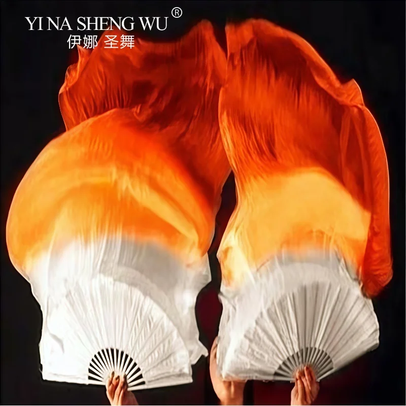 Éventail professionnel de danse du ventre pour femmes, une paire de voile de soie véritable, accessoires de spectacle sur scène, spectacle de Pub, photographie, teinture à la main, 180cm