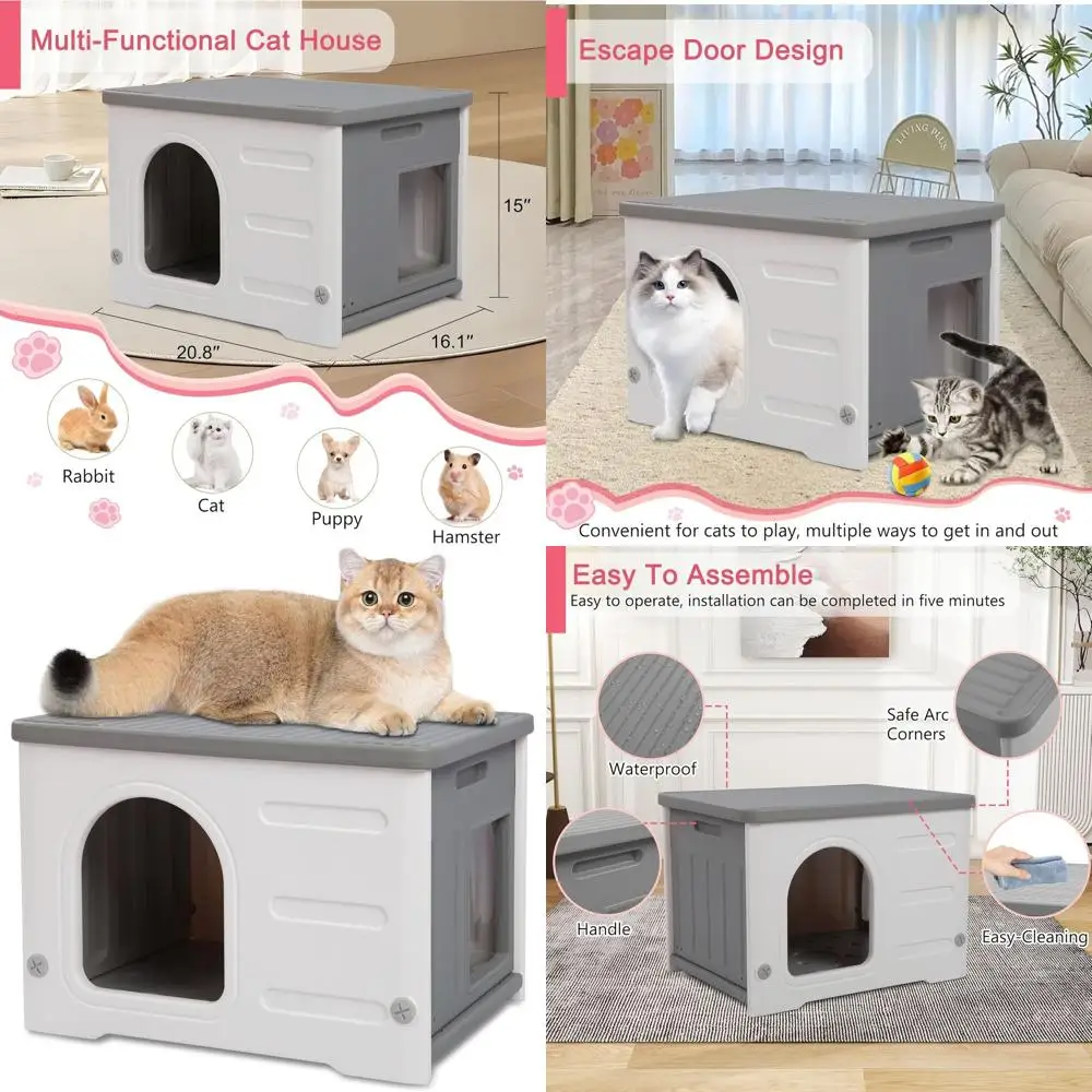 

Weatherproof Outdoor Cat House with Escape Hatch, Easy Assembly, Durable Shelter for Feral Cats - Grey