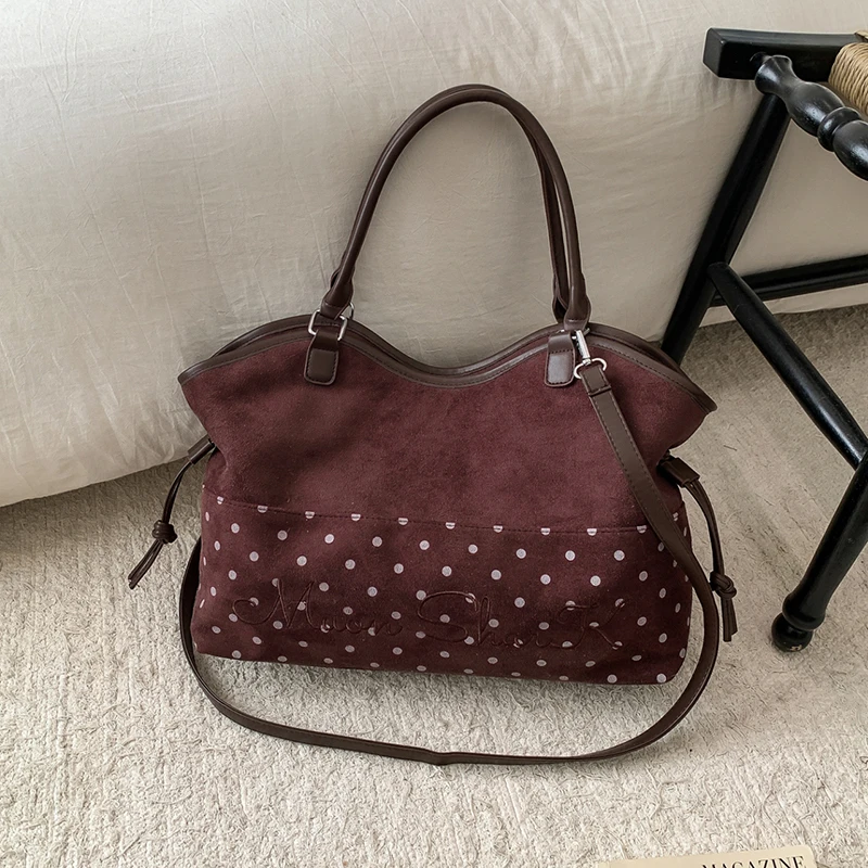 

Корейская женская модная сумка в горошек в стиле ретро, матовая сумка на плечо большой вместимости, ярко-коричневая сумка-тоут на шнурке, подвеска со звездным замком