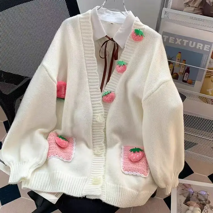 3D Pink Strawberry Cute Sweet V Neck Long Sleeve Knitted Cardigan Sweater Women Korean Casual Jacket Female Coats Autumn Winter