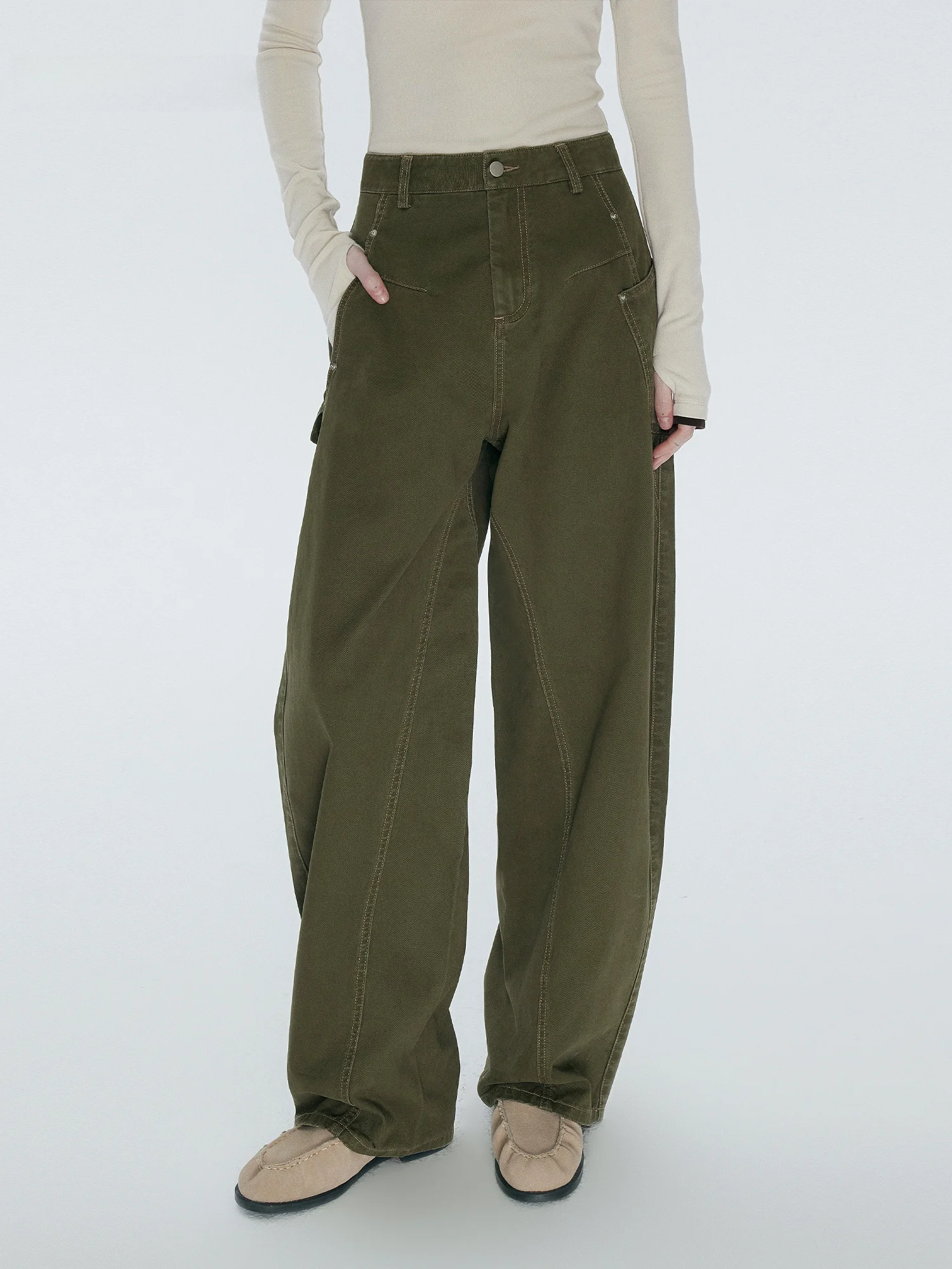 

Annachic Casual Loose Fit Jeans Asymmetric Pocket Shape Cotton Ladies Pants Comfortable Workwear Style Loose Leggings