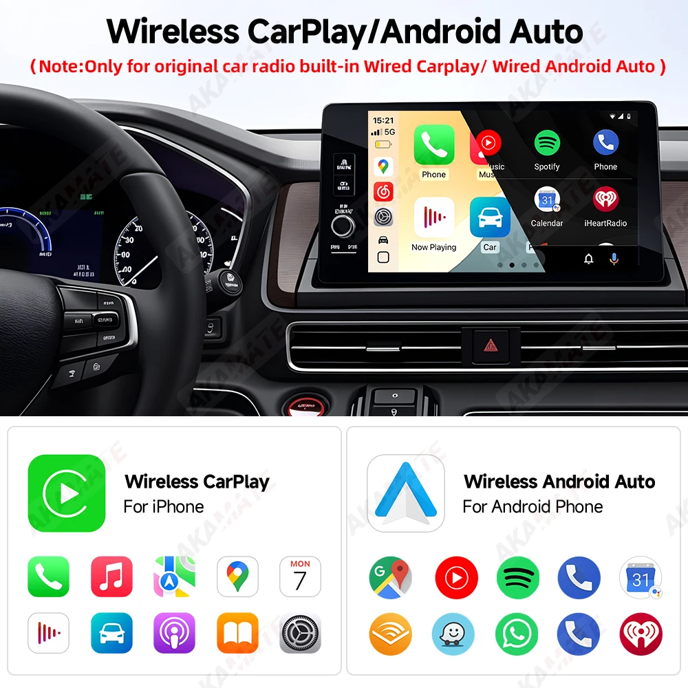 Com fio para sem fio carplay android auto 2in1 adaptador bluetooth wifi assistente de voz plug and play mini universal inteligente dongle