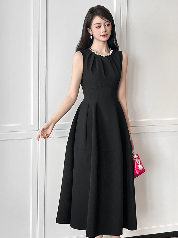Elegante mode klassieke avondjurk voor vrouwen zoete verjaardag parel geplooid lang gewaad dame vest feestkleding banket vestidos
