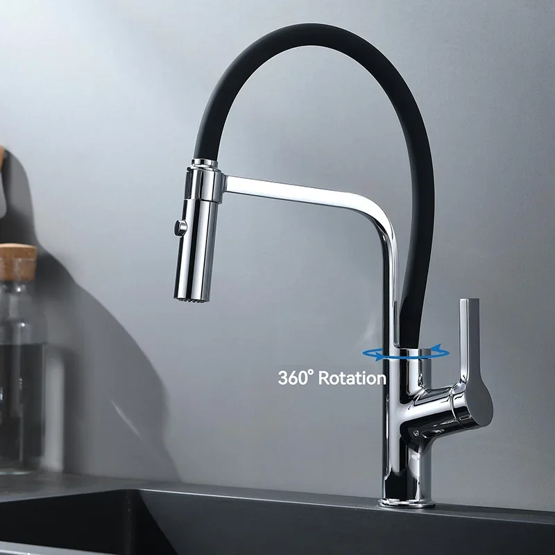 Modern Electroplating Design Kitchen Facility Accessories Cold and Hot Water Rotatable Pull-out Kitchen Washbasin Copper Faucets