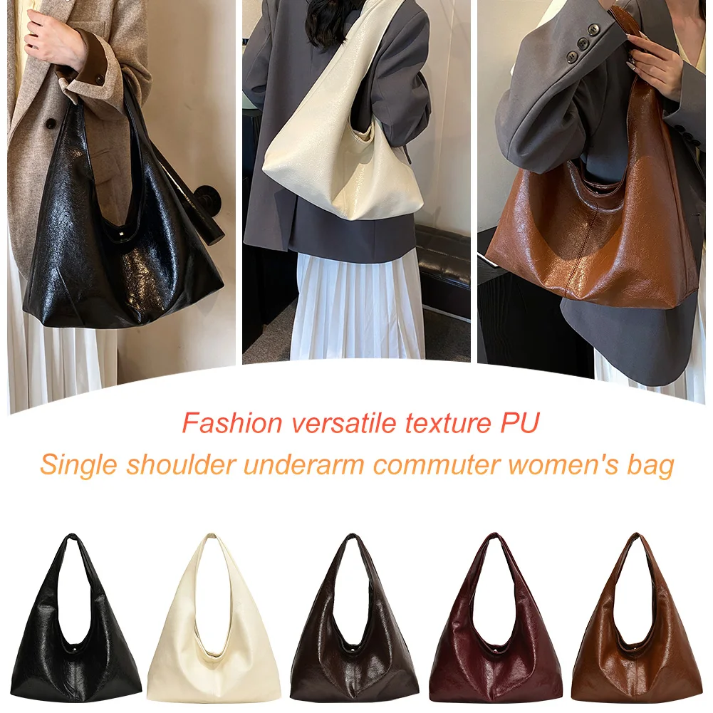 

Women PU Casual Tote Handbag Large Capacity Vintage Tote Bag Solid Color Stylish Shoulder Purse Hasp Closure Outdoor Travel Bag