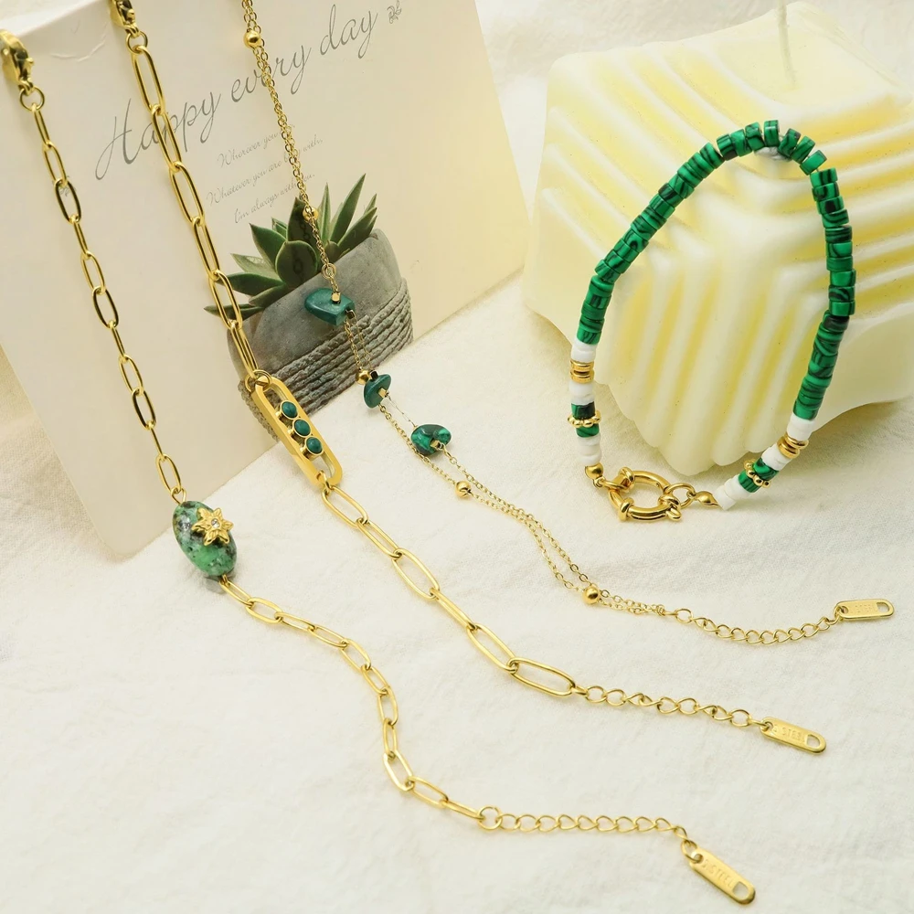 WILD & FREE Boho Vintage Green Natural Stone Bracelets for Women Stainless Steel Trendy Charms Aesthetic Jewelry Set image 3