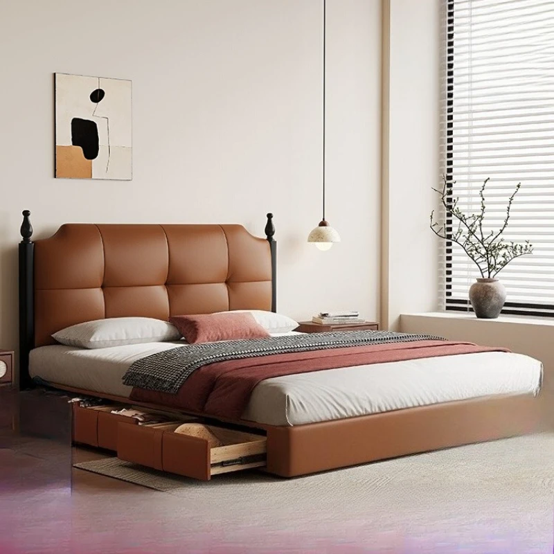 

Customized Lanmeng Bed French Medium and Ancient Style Retro Small Apartment Storage Solid Wood Leather Double Master Bed