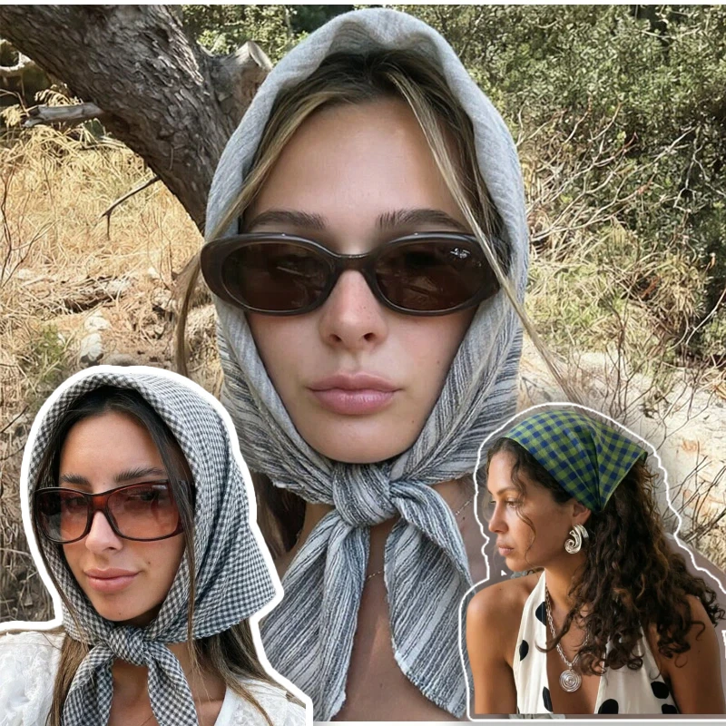 Checkered Striped Square Scarf Thin Linen Square Headbands Summer Scarf Versatile Scarf Neck Warmer Women's Accessories