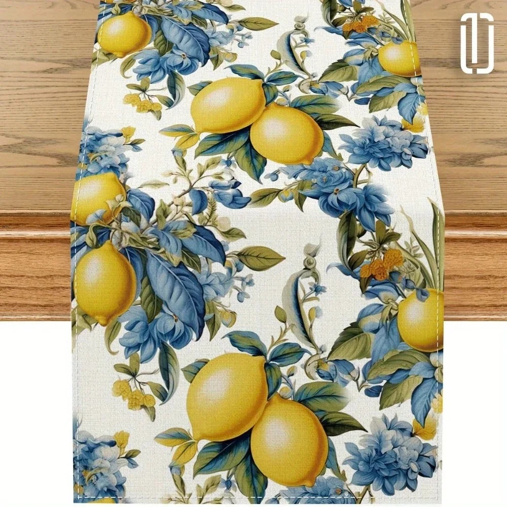 Vintage Lemon Blue Floral Linen Table Runner Botanical Leaf Hydrangea Print Summer Style For Kitchen Dining Table Home Decor 