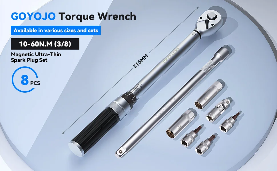 GOYOJO 8-Pcs Magnetic Torque Wrench Kit, 10-60Nm Ultra-Thin Spark Plug Replacement Kit for Exhaust System Maintenance DIY